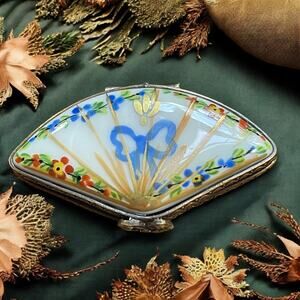 Rare Authentic Limoges Fan Trinket Box, Engagement Ring Box, Pillbox Bow Signed